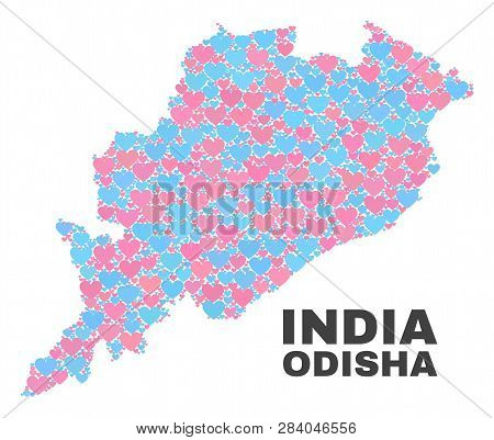 Mosaic Odisha State Map Of Lovely Hearts In Pink And Blue Colors Isolated On A White Background. Lov