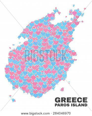 Mosaic Paros Island Map Of Lovely Hearts In Pink And Blue Colors Isolated On A White Background. Lov
