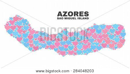 Mosaic Sao Miguel Island Map Of Valentine Hearts In Pink And Blue Colors Isolated On A White Backgro