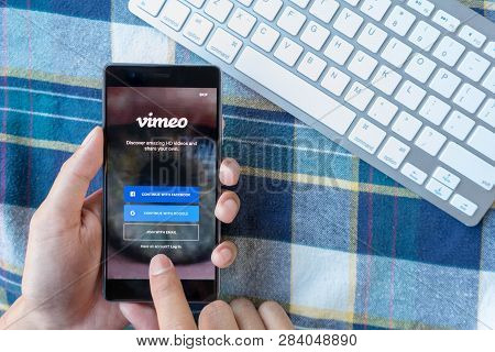 Chiang Mai, Thailand - Mar 28,2018: Man Holding Huawei With Vimeo On Screen.  Vimeo Is A Video-shari