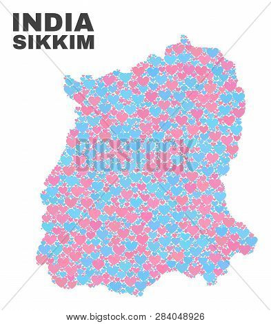 Mosaic Sikkim State Map Of Lovely Hearts In Pink And Blue Colors Isolated On A White Background. Lov