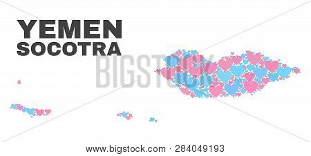 Mosaic Socotra Archipelago Map Of Lovely Hearts In Pink And Blue Colors Isolated On A White Backgrou