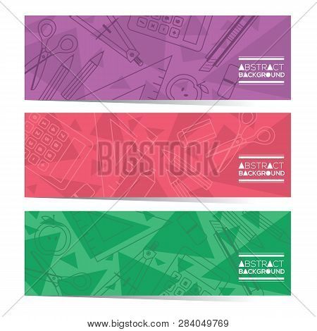 Education School Supplies Lined Icon Stuff Three Horizontal Banner Set Vector Illustration. Eps 10