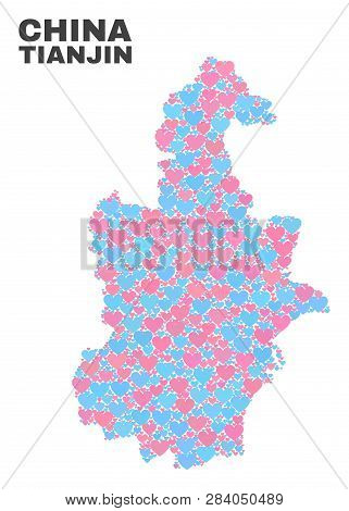 Mosaic Tianjin City Map Of Valentine Hearts In Pink And Blue Colors Isolated On A White Background. 