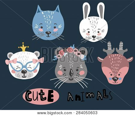 Cute Cartoon Little Animal Set Childish Print For Nursery, Kids Apparel, Poster, Postcard. Vector Il