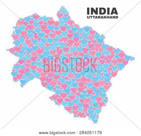 Mosaic Uttarakhand State Map Of Love Hearts In Pink And Blue Colors Isolated On A White Background. 