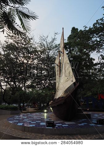Tangerang, Indonesia - October 19, 2018: A Phinisi Boat Replica Stands At Taman Potret (portrait Par