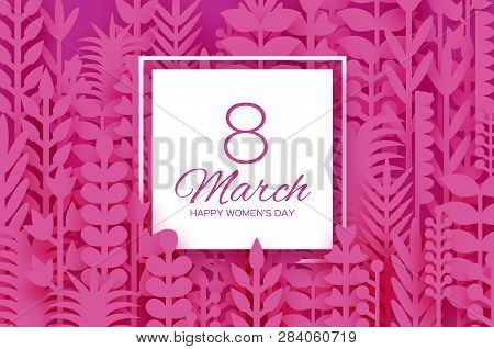 8 March. Origami Spring Flowers For Happy Womens Day. Mixed Pink Paper Cut Outs Plants, Flowers, Tro