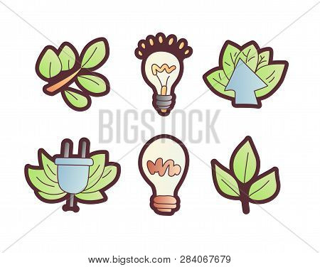 Save Enegry Vector Cartoon Icons. Green Leaves With Bulb, Save The Planet Icon Set. Electricity And 