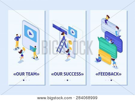 Isometric Template App Workflow And Teamwork Of A Big Team On A Project, Smartphone Apps. Easy To Ed
