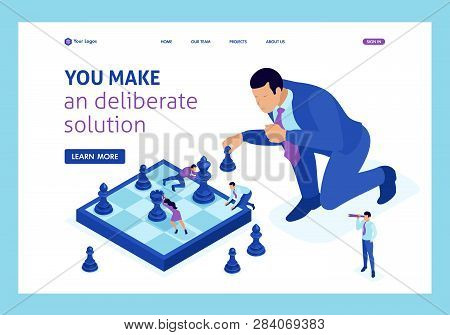 Isometric Big Business Makes An Informed Decision, Chess Game, Growth Strategy. Website Template Lan