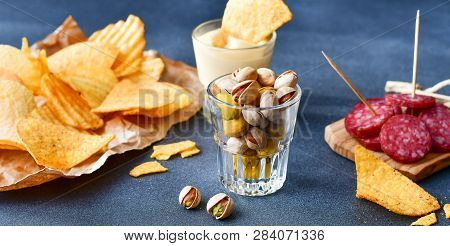 Aperitif Snacks At The Bar.relax In The Bar With Friends, Beer Party.  Selective Focus And Copy Spac