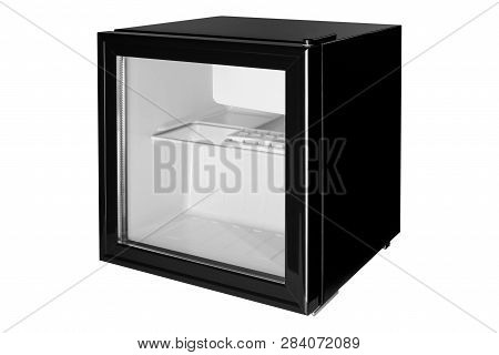 New Black Refrigerator, Mini Bvr With Closed Glass Door, For Hotel, Side View, Refrigerator Empty