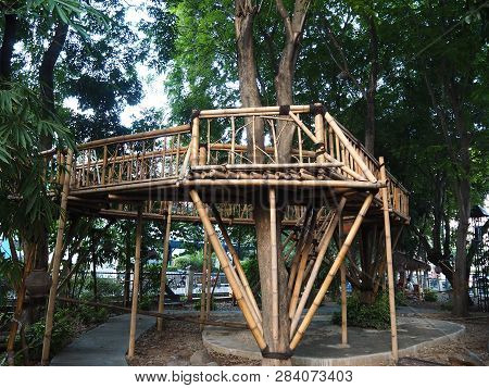 Tangerang, Indonesia - October 19, 2018: A Bamboo Sentry Post At Taman Bambu (bamboo Park).