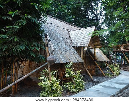 Tangerang, Indonesia - October 19, 2018: A Traditional Bamboo Hut At Taman Bambu (bamboo Park).