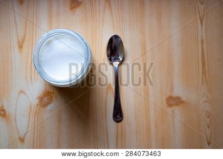 Greek Yogurt On The Light Wooden Table With The Spoon, Healthy Diet Wallpaper Background