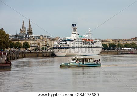 Bordeaux, France - September 9, 2018: Cruise Ships In The Garonne River Harbour. Bordeaux, Gironde. 