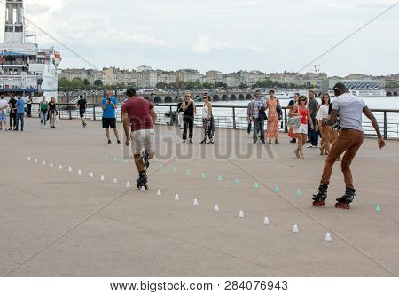 Bordeaux, France - September 9, 2018: Roller Skater Performs Acrobatics In Quai Lousi Xviii In Borde