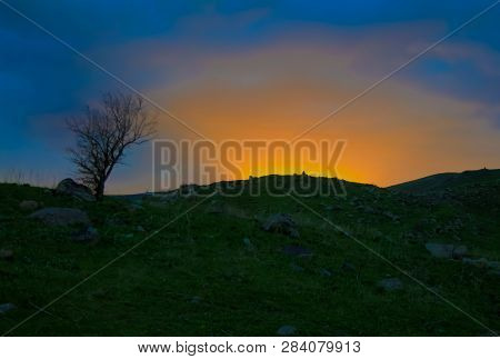 Sunset Over The Hill Near Amberd Castle In Aragatsotn, Armenia