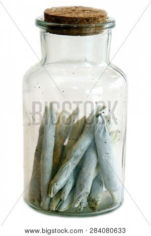 Marijuana Joints. Cannabis. Recreational Marijuana or Medical Cannabis in a glass jar. isolated on white. room for text. Joint aka Spliff or cigarette.  


