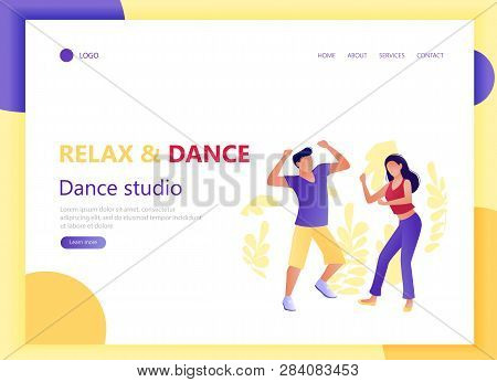 Web Landing Page Template With Dancing People. Young Man And Woman Dance. Relax And Dance. Studio Or