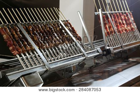 Many Small Spits Of Mutton Called Arrosticini In Italian Language For Sale