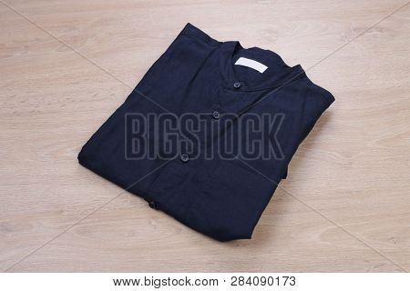 Foled Blue Navy Casual Shirt Mandarin Collar On Wooden Background