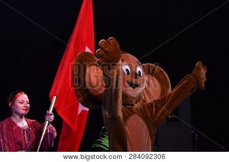 Cheburashka Puppet Performance. Cute Life Size Puppet Opening The Gymnastics Competition. Stella Zak