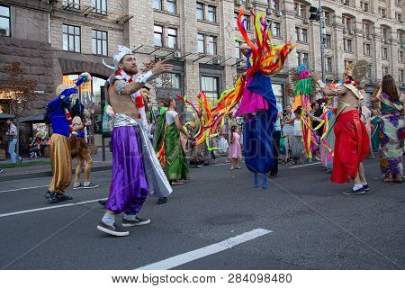 Kiev, Ukraine - July 30, 2017: Procession Of The Hare Krishnas During The Vedic Festival On Khreshch