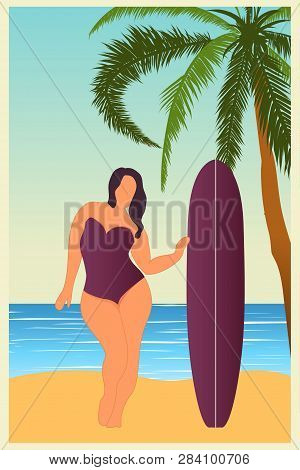 Tropical Landscape. Sea Landscape Summer Background Girl With Surfing Board Flat Style Illustration.