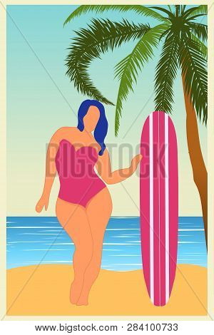 Tropical Landscape. Sea Landscape Summer Background Girl With Surfing Board Flat Style Illustration.