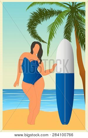 Tropical Landscape. Sea Landscape Summer Background Girl With Surfing Board Flat Style Illustration.