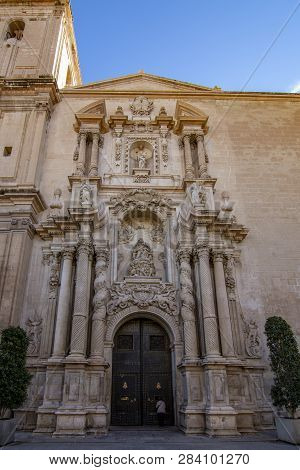 Elche, Alicante, Spain; February 2017: View Of The  Door Of Basilica Of Santa Maria In The Historic 
