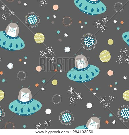 Vector Space Cats And Solar System Seamless Repeat Pattern Background.