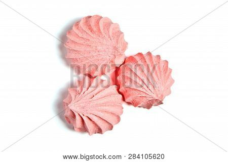 Meringue Cookies. Meringues Kisses In Pink Color. Airy And Practically Weightless Biscuits Based On 