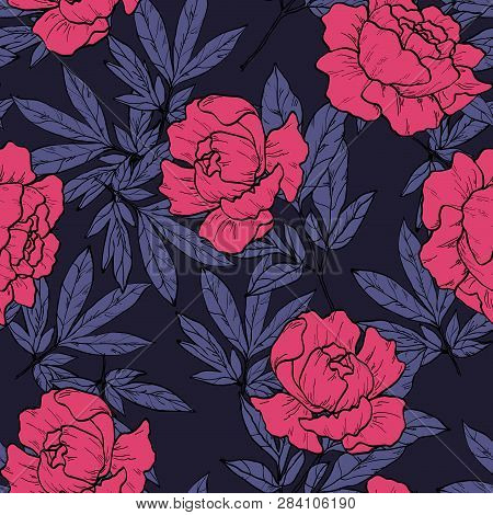 Floral Seamless Pattern With Pink Peony Flowers And Leaves On A Dark Background. Vintage Background 