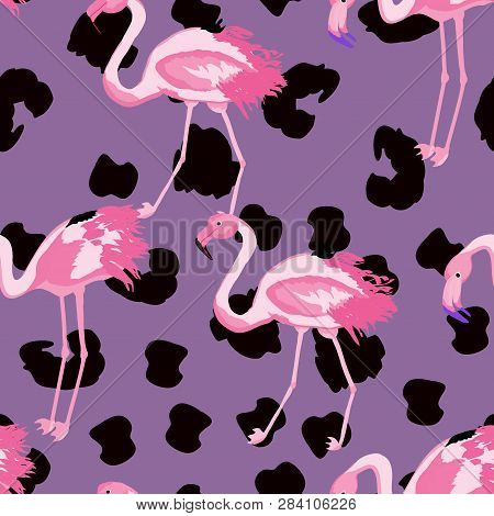 Tropical Seamless Pattern With Flamingos.summer Background With Bird. Exotic Seamless Pattern With P