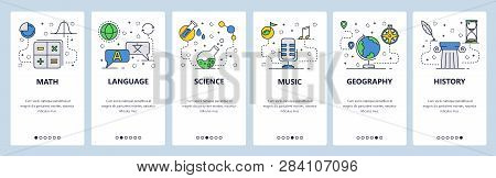 Web Site Onboarding Screens. School Education Subjects. Math, Science, Language, History. Menu Vecto