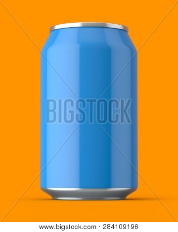 3d Rendered Glossy Blue Aluminium Can On An Orange Background.