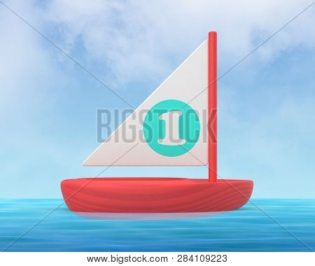 3d Rendered Red Wooden Toy Boat Sailing In The Sea Against A Blue Sky.