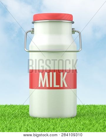 3d Rendered White And Red Milk Churn Sitting On Short Green Grass Against A Blue Sky.