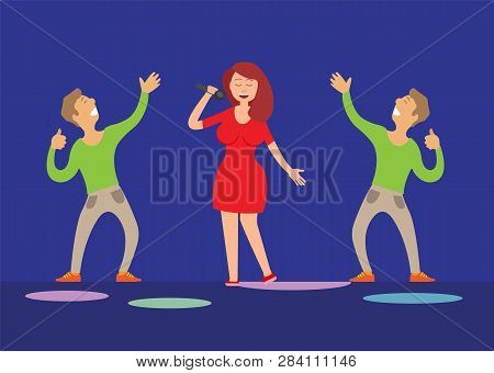 Music Performance, Singer With Microphone And Dancers Vector. Dancing People Male Glad To Listen To 
