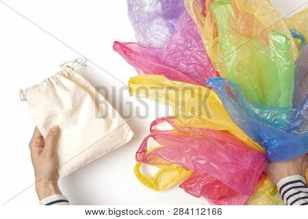 Woman Holding Reusable Shopping Bag Instead Of Many Single Use Plastic Bags. Say No To Plastic, Envi