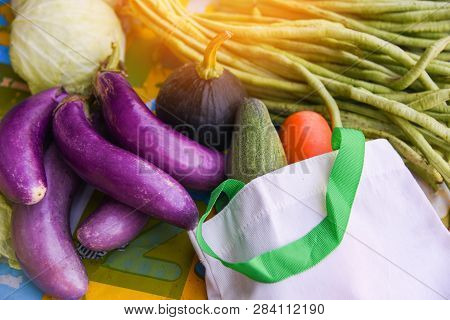 Zero Waste Use Less Plastic Say No Plastic Concept / Fresh Vegetables Organic In Eco Cotton Fabric B