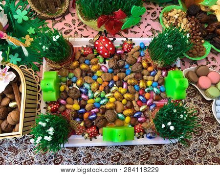 Novruz Setting Table Decoration, Tea In Tulip Shape Glass On Ethnic Motives Rustic Table Cloth With 