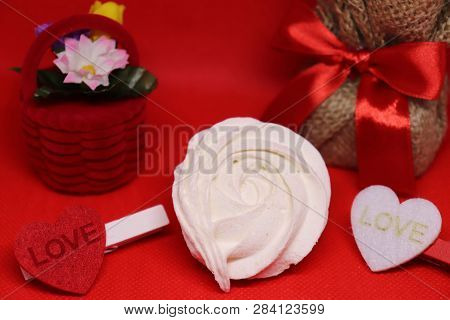 White Rose Red Background With Baskets Of Flowers, Valentines, And A Gift, Very Suitable For Valenti