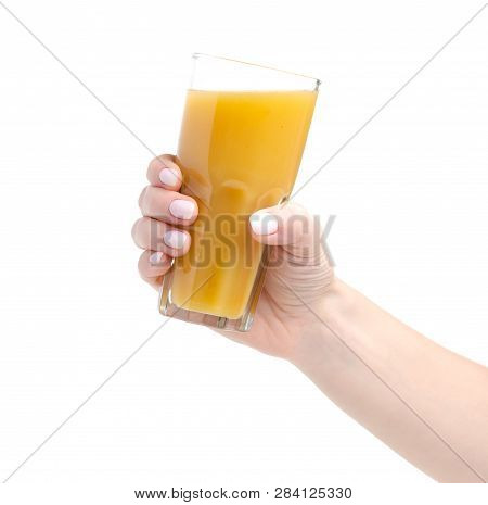 Fruit Multifruit Orange Mango Juice In Hand On A White Background. Isolation