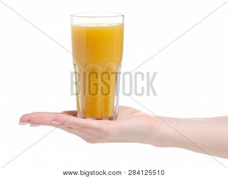 Fruit Multifruit Orange Mango Juice In Hand On A White Background. Isolation