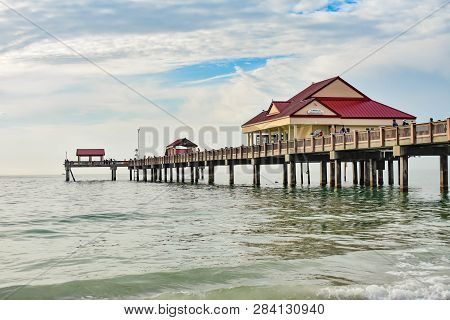 Clearwater Beach, Florida. January 25, 2019 Panoramic View Of Pier 60 On Lightblue Cloudy Background