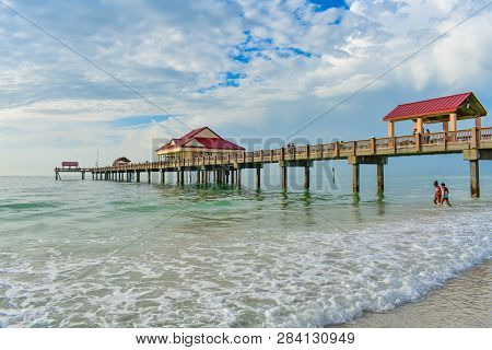 Clearwater Beach, Florida. January 25, 2019 Panoramic View Of Pier 60 On Lightblue Cloudy Background